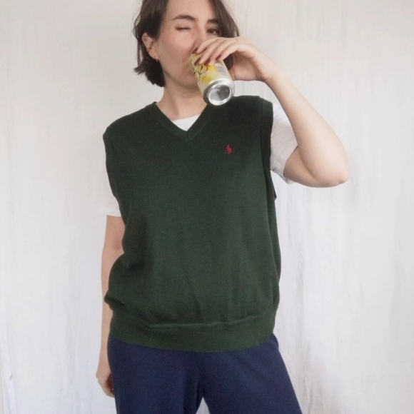 Polo Ralph Lauren Sweaters - Vtg POLO RALPH LAUREN Forest Green Knit V Neck Sweater Vest Golf Tank XL